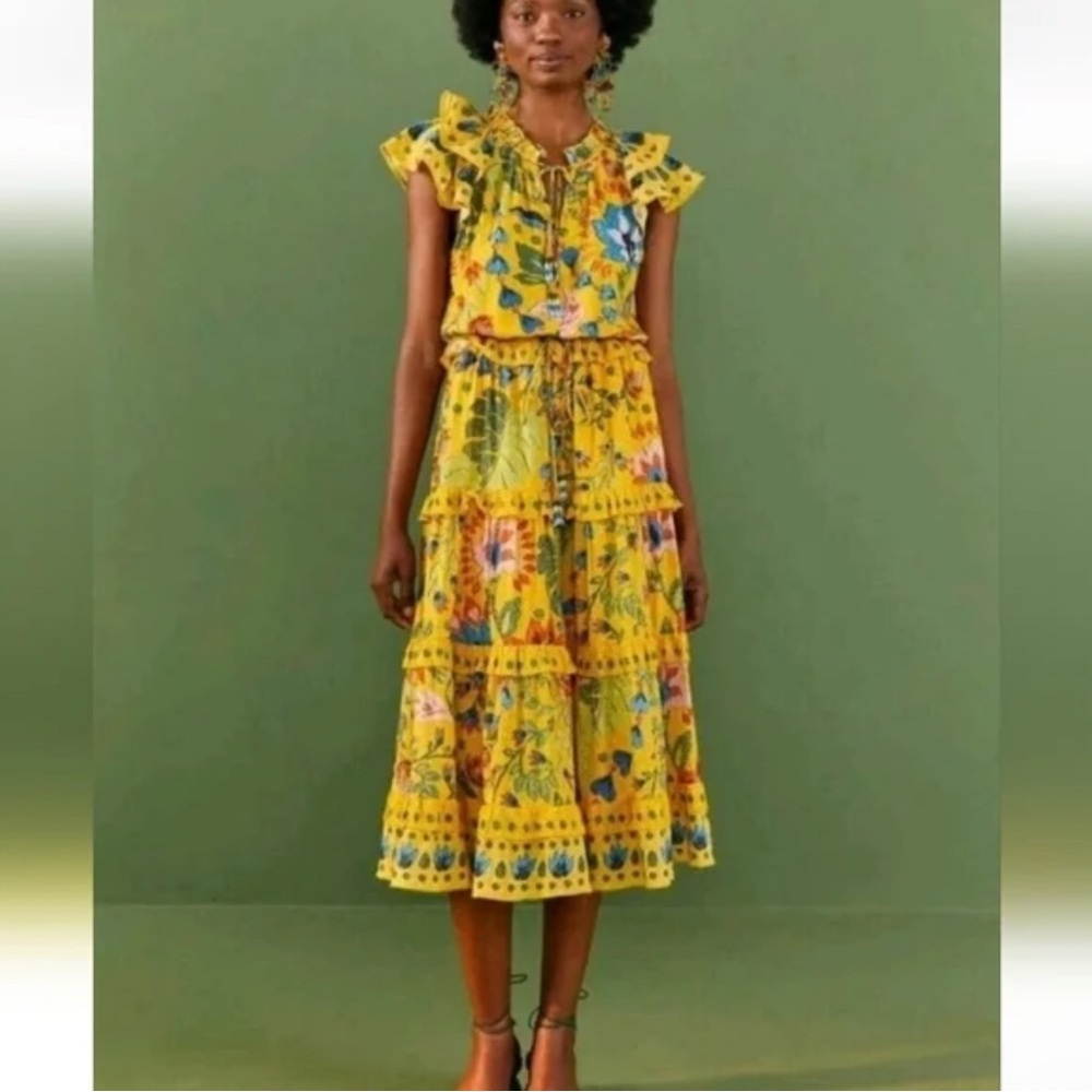 FARM Rio Summer Garden Yellow Frilled Midi Dress